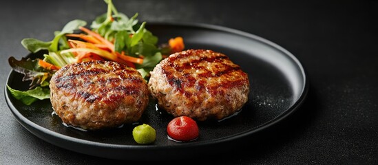 Fototapete - Japanese style pork and herbal oba patty accompanied by mixed vegetables providing a comforting meal. with copy space image. Place for adding text or design