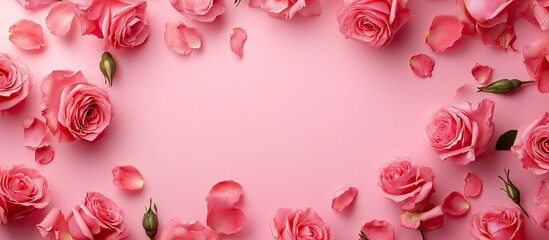 Leinwandbilder - Flowers background Pink roses frame from a top view on a pink background with copyspace Poster