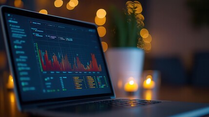 Close-up of a laptop screen displaying data analytics with soft background lighting.