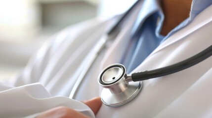 Aufkleber - A close-up of a doctor��s stethoscope resting on a patient��s chest, with focus on the stethoscope��s diaphragm and chest area, set against a soft