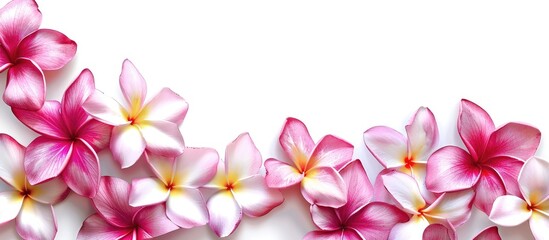 Leinwandbilder - Plumeria flowers set against a white background. with copy space image. Place for adding text or design
