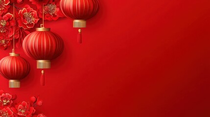 Vibrant Red Chinese Lanterns and Flowers Celebrating Lunar New Year