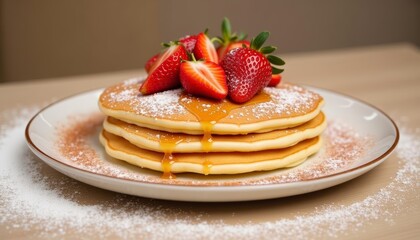 Poster -  Deliciously stacked pancakes with fresh strawberries and powdered sugar