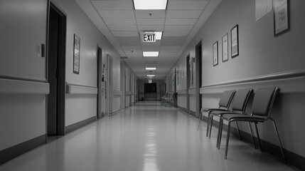 A long, empty hospital hallway with white walls, tiled floors, and two chairs at the end.