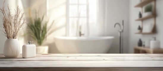 Poster - Clear tabletop for showcasing products with a blurred background of a bathroom interior. with copy space image. Place for adding text or design