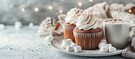 Poster - Homemade cupcakes and hot cocoa with marshmallows. with copy space image. Place for adding text or design