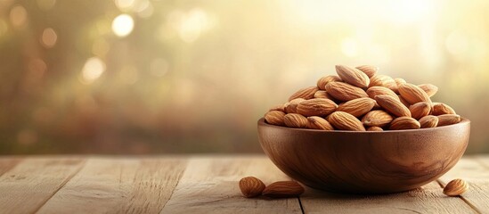Aufkleber - Almonds in a bowl on a wooden table background with copy space