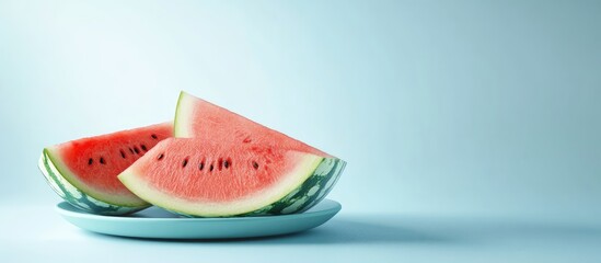 Fototapete - A half watermelon and a slice of watermelon are placed on a plate against a pastel blue background Healthy Summer Snack Idea copyspace