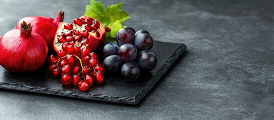 Fototapete - grapes and pomegranate on a black slate plate with copyspace