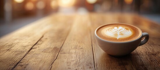 Aufkleber - Close up of latte art on hot coffee placed on a wooden table. with copy space image. Place for adding text or design
