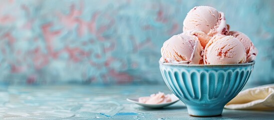 Poster - Ice cream milkshake in a glass Ice cream scoops in a blue ceramic bowl Light blue backdrop Summer brunch. with copy space image. Place for adding text or design