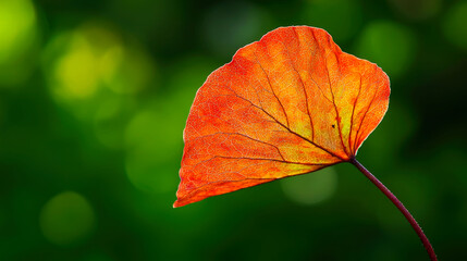 Sticker - Single red leaf with veins against a blurred green background.