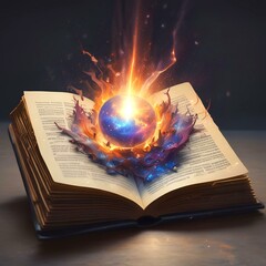 Illustration of open pages in magic book with sparks and glowing spell.