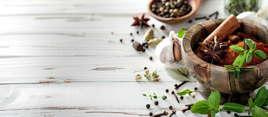 Leinwandbilder - Spices and herbal plants in a mortar set against a white wooden table background. with copy space image. Place for adding text or design