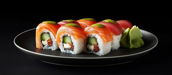 Aufkleber - A plate featuring a set of sushi rolls containing salmon avocado cream cheese cucumber rice and tuna against a black background. with copy space image. Place for adding text or design