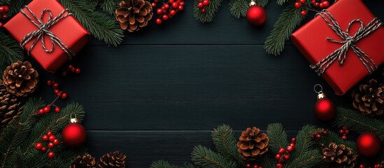 Aufkleber - Christmas background concept A top view of a Christmas gift box surrounded by red balls spruce branches pine cones red berries and a bell on a black wooden surface. with copy space image