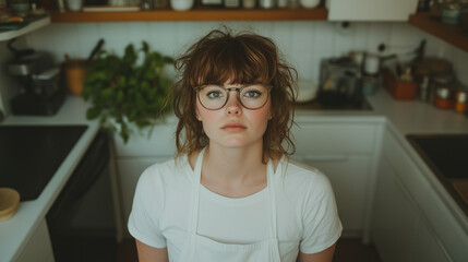 Wall Mural - A woman with glasses and apron is standing in a kitchen