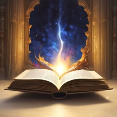 Illustration of open pages in magic book with sparks and glowing spell.