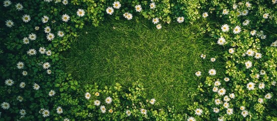Leinwandbilder - Summer meadow abundant with white daisies A beautiful field of green grass and daisies is shown from a top down perspective creating a natural backdrop Top view with copy space