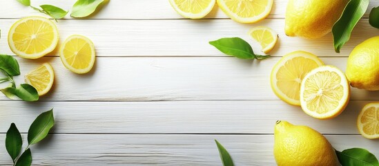 Fototapete - Background featuring lemon slices on a white wooden board Template. with copy space image. Place for adding text or design