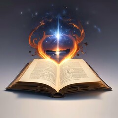 Illustration of open pages in magic book with sparks and glowing spell.