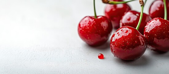 Aufkleber - Juicy bright ripe cherry on a white backdrop Selective focus white background copyspace and strong shadow