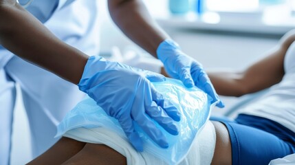 Poster - A close-up of a healthcare professional applying a cold pack to a patient��s knee in a clean, well-lit treatment room, macro shot