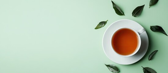 Fototapete - cup of tea on a light green paper background. with copy space image. Place for adding text or design