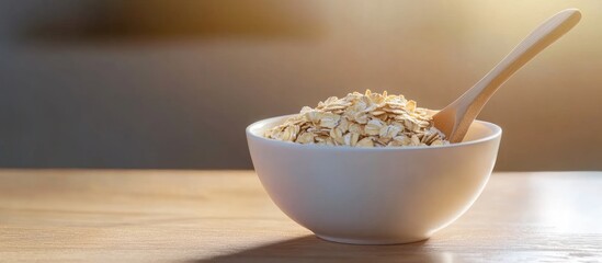 Canvas Print - white bowl of oat flakes with a wooden spoon on a wooden table. with copy space image. Place for adding text or design