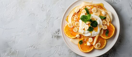 Poster - Crepes topped with orange honey and natural yogurt or sour cream Thin pancakes Light concrete backdrop Copyspace