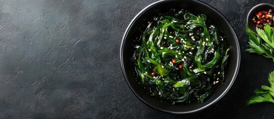 Poster - Japanese seaweed konjac stir fried with garlic and chili pepper. with copy space image. Place for adding text or design