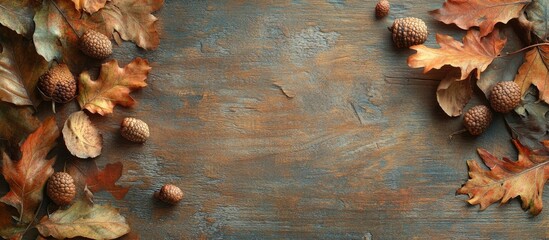 Fototapete - Autumn leaves and acorns on a weathered brown wooden surface with blank space. with copy space image. Place for adding text or design
