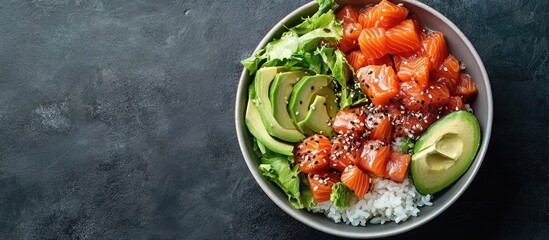 Traditional Hawaiian Poke salad featuring salmon avocado rice and vegetables served in a bowl for two people. with copy space image. Place for adding text or design