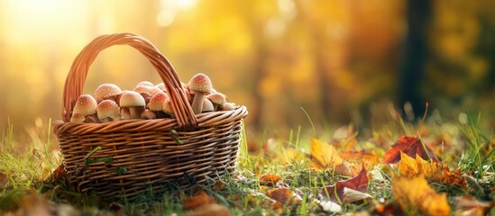 Leinwandbilder - Wicker basket containing fungus in autumn grass with copy space for text