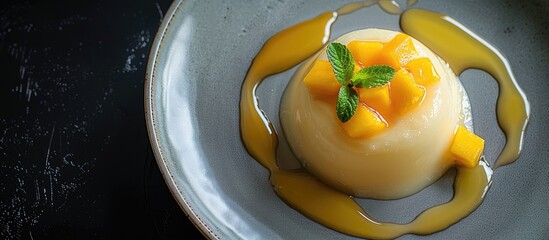 Leinwandbilder - Asian sweet mango and pudding on a plate. with copy space image. Place for adding text or design