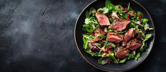 Fototapete - Duck breast salad features smoked duck meat magret serving as a natural and fresh appetizer or snack on the table with a rustic food background Copyspace is available Top view