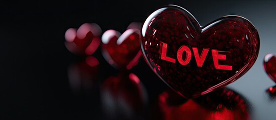 Poster - Red glass hearts and a soft plush heart featuring the word Love on a black background Valentine s Day Holiday banner copyspace Shopping and gifts for a loved one a couple in love