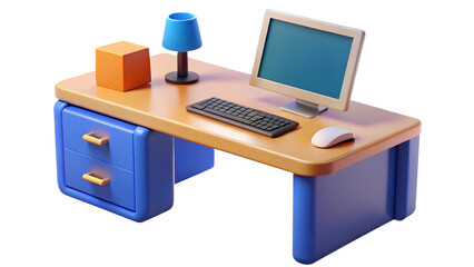 desk with computer plastic 3d icons in cartoon plastic style minimal isolated on transparent white background, clipping path