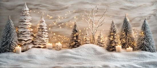 Fototapete - Christmas decoration created from birch bark featuring artificial snow and trees. with copy space image. Place for adding text or design