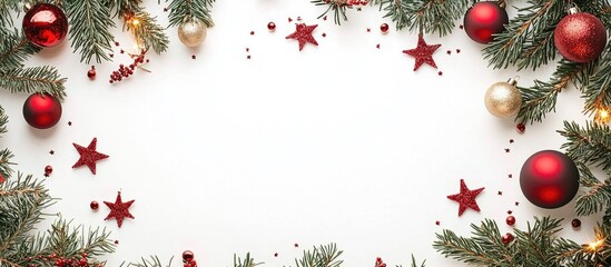 Leinwandbilder - Christmas arrangement Circular frame of Christmas tree branches with red and gold ornaments on a white background featuring red sparkly stars Flat lay top view copyspace