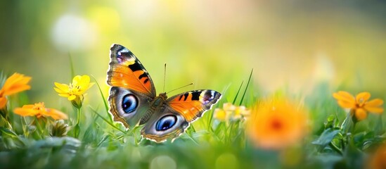 Poster - Close up view of a lepidoptera butterfly resting in its natural environment Yellow pansy junonia iphita butterfly Natural backdrop copyspace