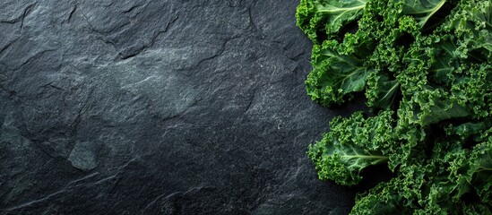 Canvas Print - Fresh green kale leaves on a dark stone backdrop Nutritious food ingredients. with copy space image. Place for adding text or design