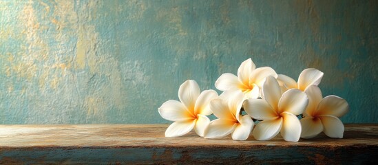 Poster - Plumeria flowers placed on the vintage style old table. with copy space image. Place for adding text or design