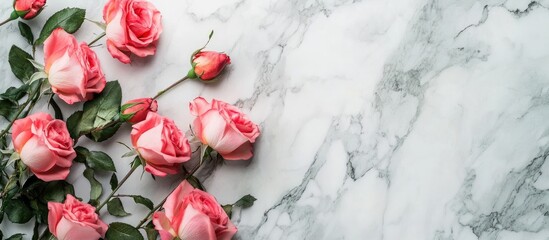 Leinwandbilder - Pink roses on a marble backdrop with an atmospheric garland an ideal gift concept for your favorite holiday background anniversary wedding or Valentine s Day Flat lay Top view copy space