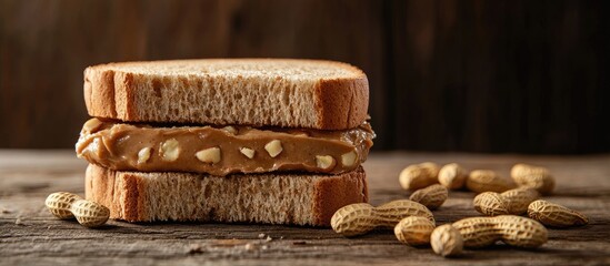 Leinwandbilder - Tasty peanut butter sandwich on a wooden surface alongside peanuts. with copy space image. Place for adding text or design