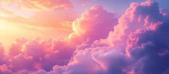 Poster - Red violet and orange sunset hues fill the overcast sky with fluffy clouds. with copy space image. Place for adding text or design