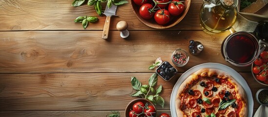 Fototapete - Homemade pizza is on a Provence table viewed from above. with copy space image. Place for adding text or design