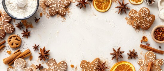 Leinwandbilder - Christmas baking backdrop Ingredients for holiday baking on a light background Top view with copy space Gingerbread cookies Preparing ginger cookies Raw dough for cookies