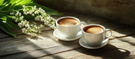 Fototapete - Coffee Espresso cups and lily of the valley against a backdrop of weathered wooden boards in sunlight Rustic style. with copy space image. Place for adding text or design