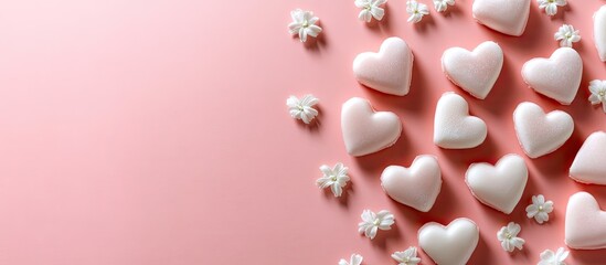 Aufkleber - Delicious homemade candy shaped like hearts and white flowers on a pink background perfect for Valentine s Day concept or card holiday backdrop with copyspace top view
